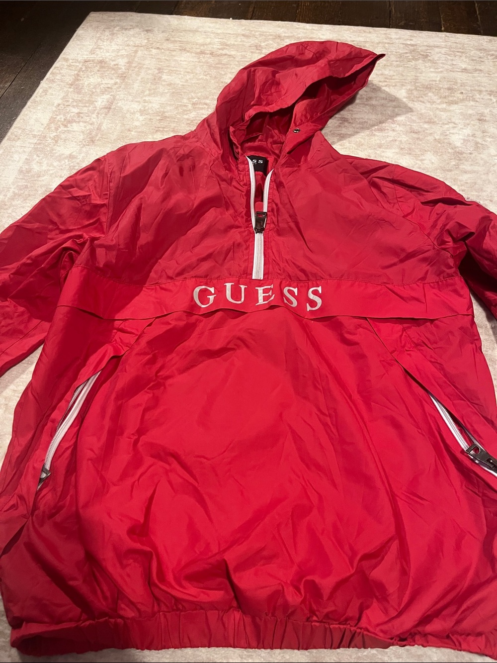 GUESS Red Hooded Anorak with White Accents
